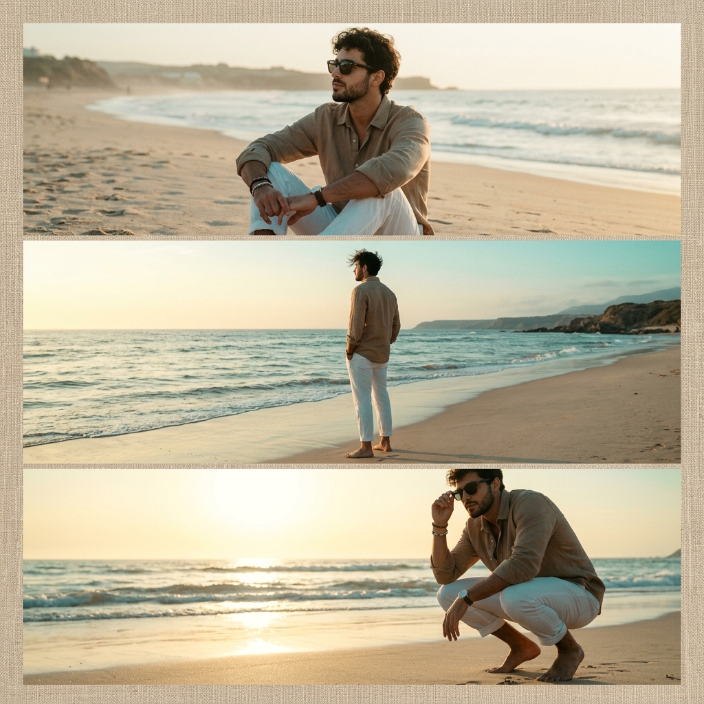 Cinematic Vertical Collage of a Stylish Man at the Beach